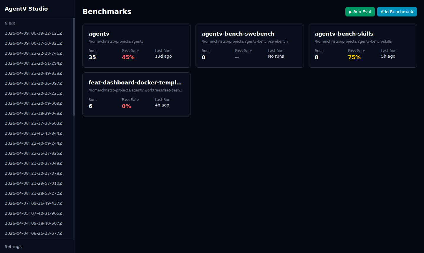 AgentV Studio benchmarks dashboard showing benchmark cards with pass rates